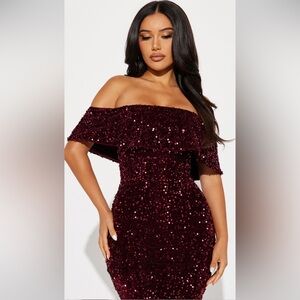 Fashion Nova Strapless Burgundy Sequin Dress